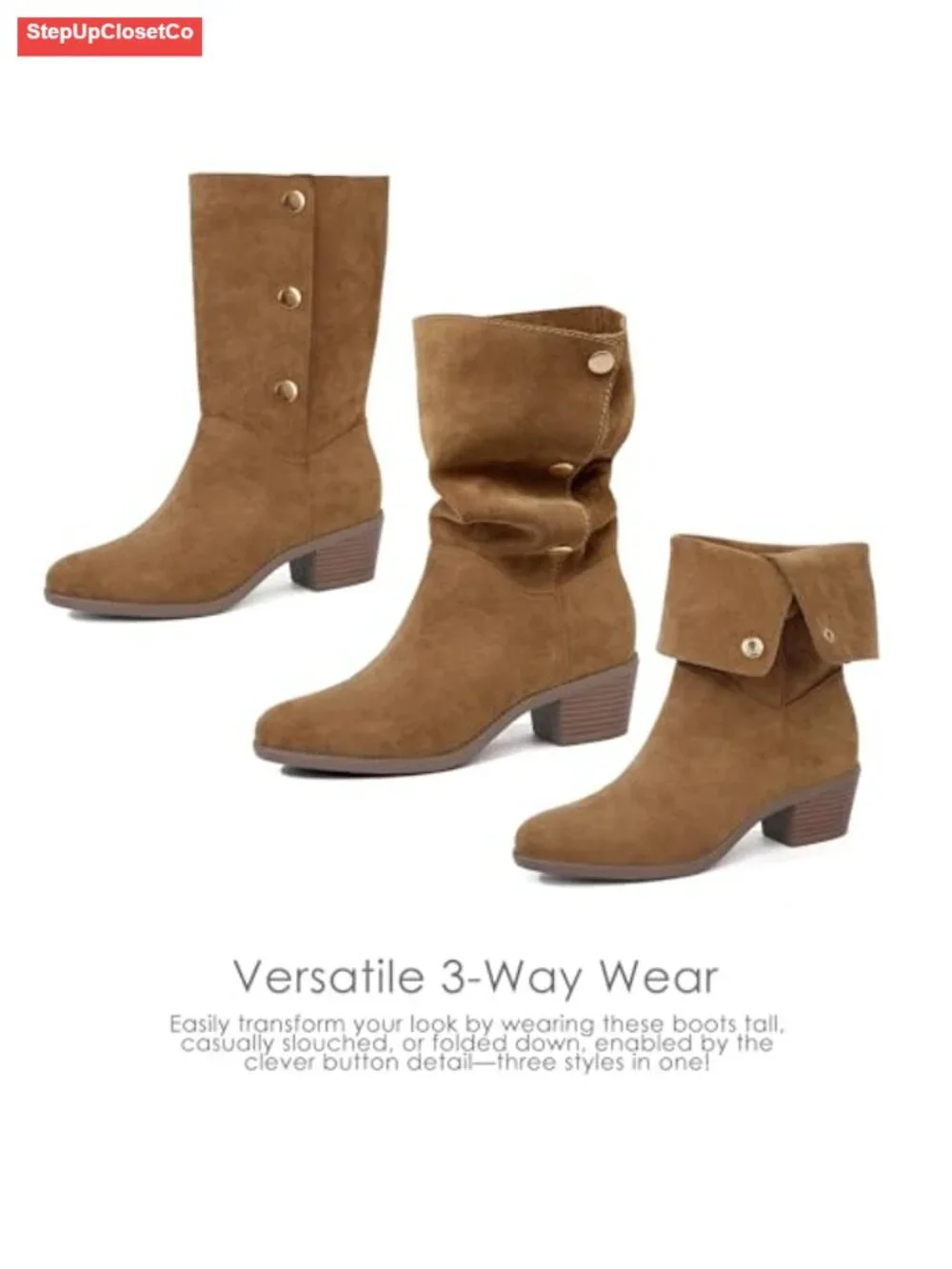 Women's Suede Mid-Calf Boots 3-Way Fold-Over Chunky Heel